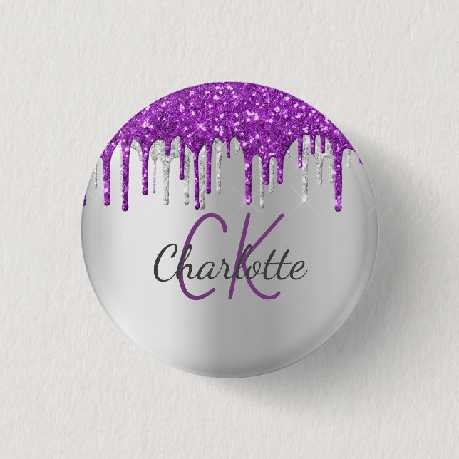 Badge Rond 2,50 Cm Parties scintillant violet gouttes argent nom mono (Devant)