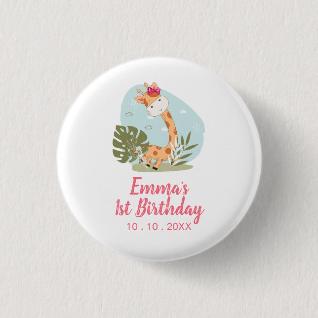 Badge Rond 2,50 Cm Petite Giraffe (Fille Safari animal) Anniversaire (Devant)