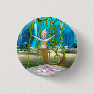 Badge Rond 2,50 Cm Petite Sirène Fantaisie Fille, Océan Bleu
