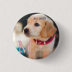 Badge Rond 2,50 Cm photo de chien familier monogramme nom année d'est