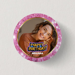Badge Rond 2,50 Cm Photo Nom Anniversaire 16 Ans Paillettes Roses et 