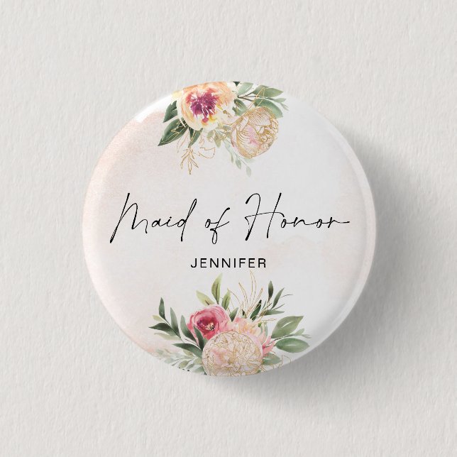 Badge Rond 2,50 Cm Poudre de pivoine et d'or Foil Fleur de servante d (Devant)