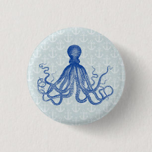 Badge Rond 2,50 Cm Poulpe bleu vintage avec des Ancres