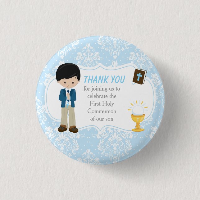 Badge Rond 2,50 Cm Première communion Black Hair Boy Merci (Devant)