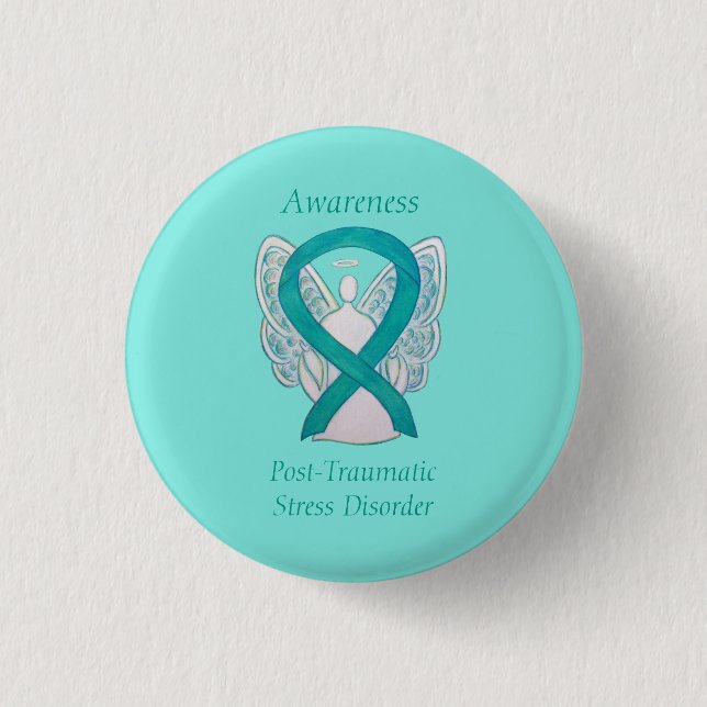 Badge Rond 2,50 Cm PTSD Sensibilisation Ruban Angle Turquoise Peintur (Devant)