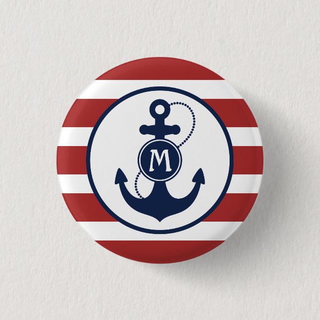 Badge Rond 2,50 Cm Rayures nautiques rouges avec le monogramme (Devant)