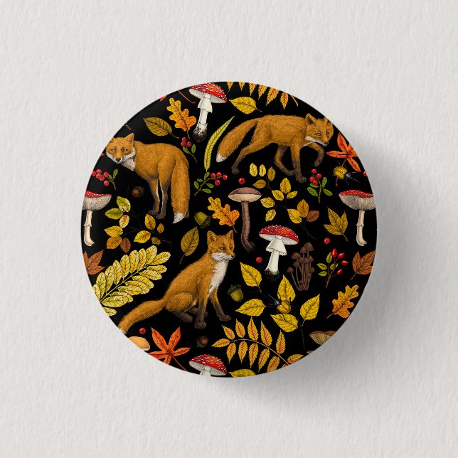 Badge Rond 2,50 Cm Renard d'automne sur noir (Devant)