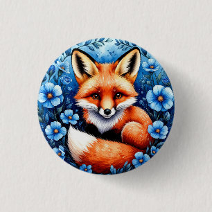 Badge Rond 2,50 Cm Renard entouré de fleurs bleues