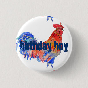 Badge Rond 2,50 Cm Rooster Rouge Aquarelle bleu Anniversaire Boy Art