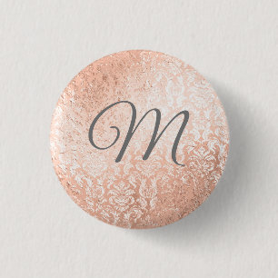 Badge Rond 2,50 Cm Rose Gold Damask Monogramme Personnalisé