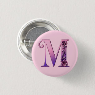 Badge Rond 2,50 Cm Rosemaling Métallisé Moderne Lettre M, Rose/Violet