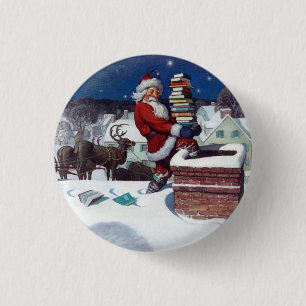 Badge Rond 2,50 Cm Santa Delivering Books at Christmas, 