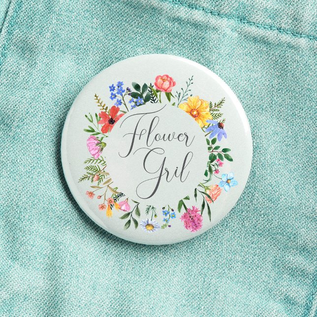 Badge Rond 2,50 Cm Script Fille Fleur de Fleur Mariage  (Flower Girl Wildflower Watercolor Floral Wreath Wedding Button
)