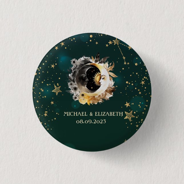 Badge Rond 2,50 Cm Soleil et fleurs de lune célestes étoiles vertes (Devant)