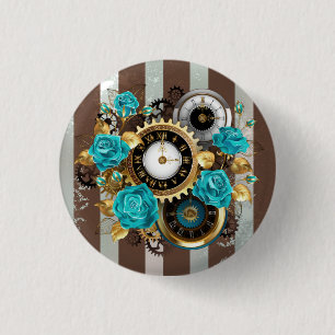 Badge Rond 2,50 Cm Steampunk Clock and Turquoise Roses on Striped