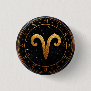 Badge Rond 2,50 Cm Symbole de la roue du zodiaque Bélier doré