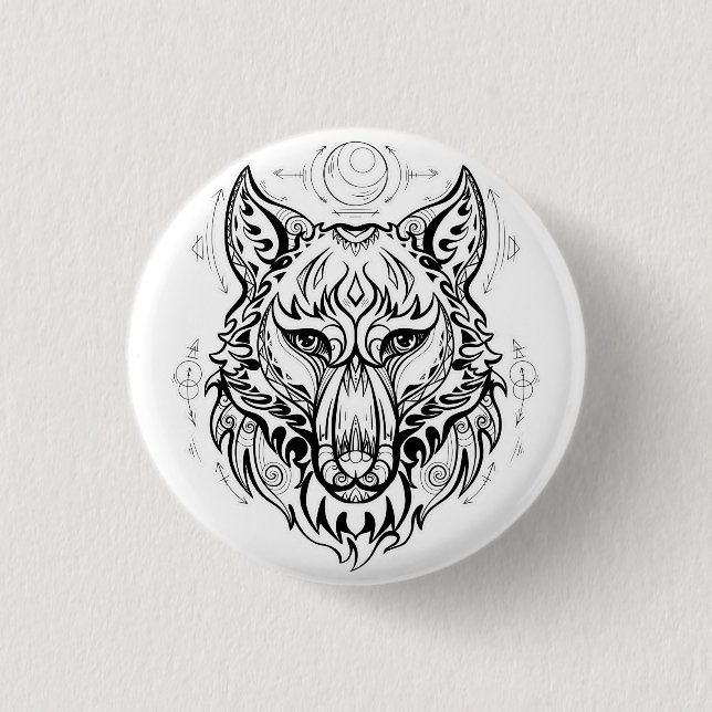 Badge Rond 2,50 Cm Tête de loup aux décorations ethniques (Devant)