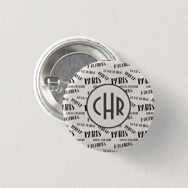Badge Rond 2,50 Cm Typographie Thème Français Monogramme | Paris | Pa (Devant & derrière)