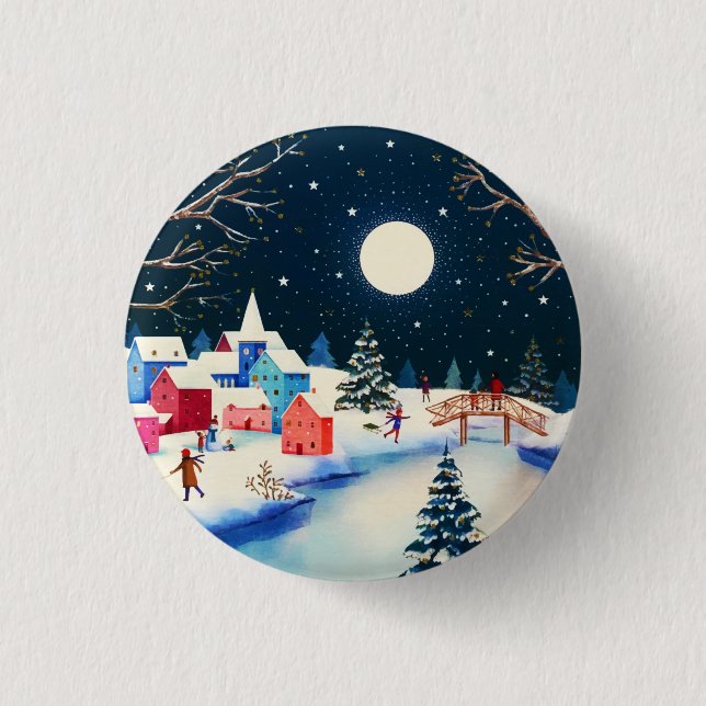 Badge Rond 2,50 Cm Village de neige bleu d'hiver (Devant)