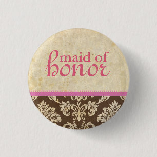 Badge Rond 2,50 Cm Vintage rose Brown Damask Maid of Honor Bouton