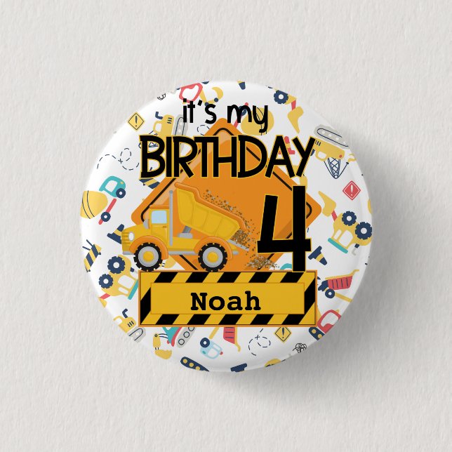 Badge Rond 2,50 Cm voiture camion de construction jaune 4e anniversai (Devant)