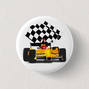 Badge Rond 2,50 Cm Voiture de course jaune avec drapeau à damier