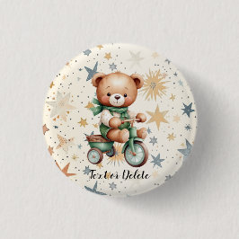 Badge Rond 2,50 Cm Watercolor Teddy Bear Stars Green Bike Party