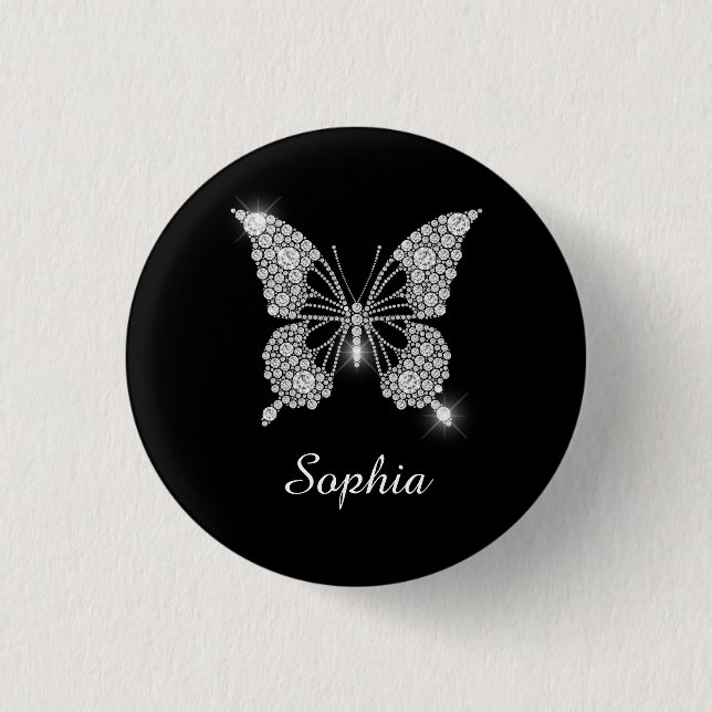 Badge Rond 2,50 Cm White Diamond Butterfly, DIY Script Nom, Black (Devant)