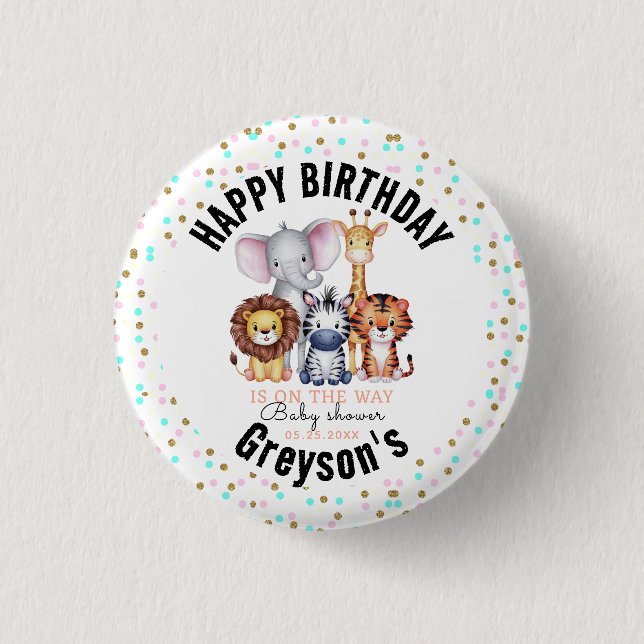 Badge Rond 2,50 Cm Wild One Safari Animaux Baby shower garçon (Devant)