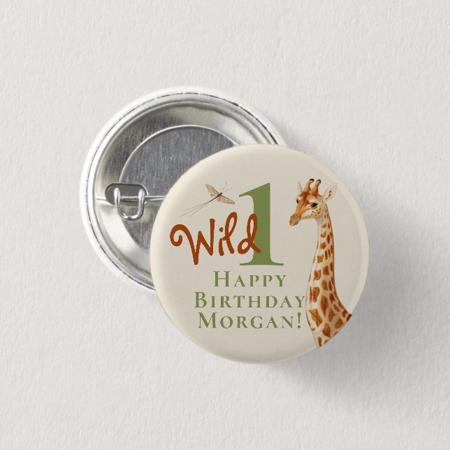 Badge Rond 2,50 Cm Wild Un 1er anniversaire Giraffe Safari (Devant & derrière)