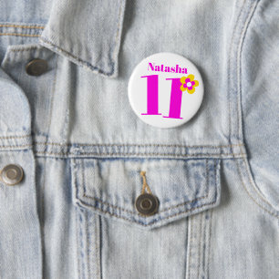 Badge Rond 5 Cm 11e anniversaire fille bouton rose/badge