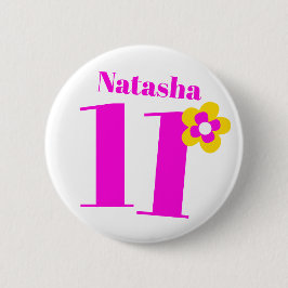Badge Rond 5 Cm 11e anniversaire filles bouton rose/badge