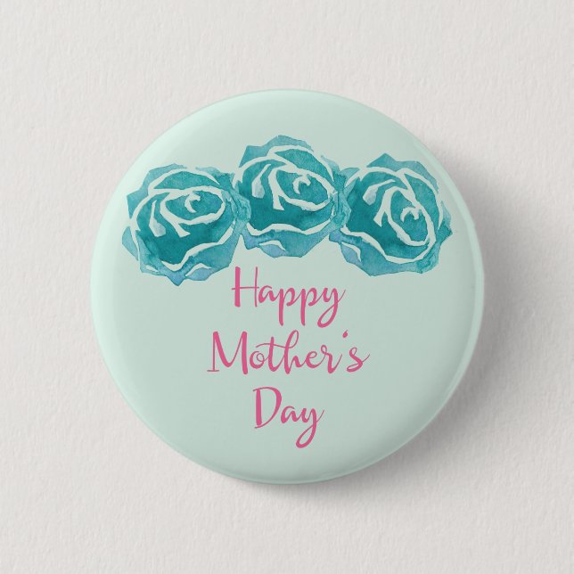 Badge Rond 5 Cm 3 Roses Turquoises d'aquarelle Bonne fête des mère (Devant)