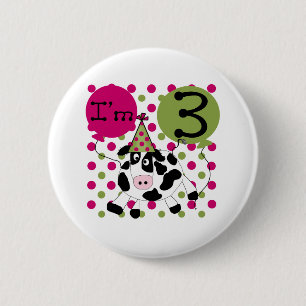 Badge Rond 5 Cm 3ème anniversaire de vache rose