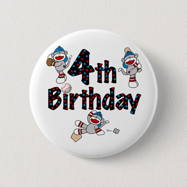 Badge Rond 5 Cm 4e anniversaire de baseball de singe de soq (Devant)