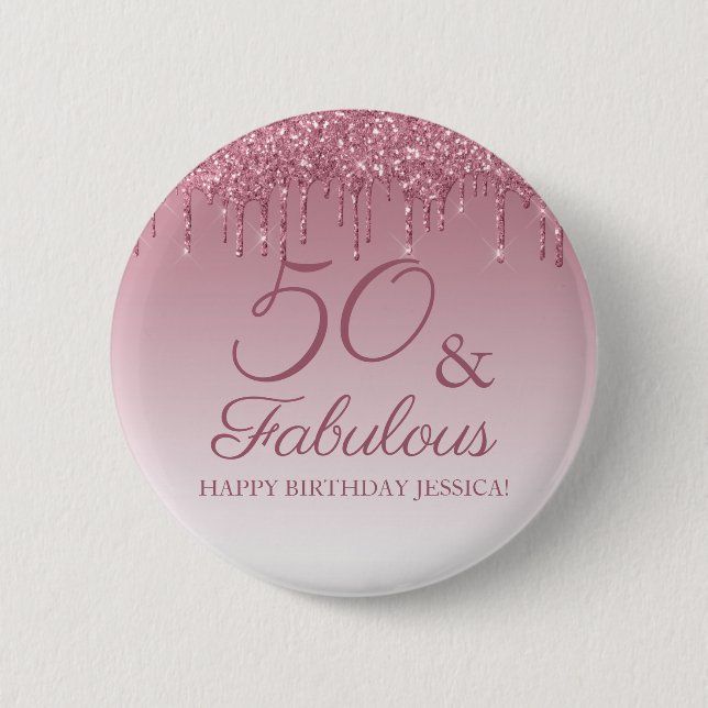 Badge Rond 5 Cm 50 et fabuleux Rose Gold rose Parties scintillant  (Devant)
