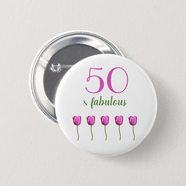 Badge Rond 5 Cm 50 et tulipe magenta fabuleuse du bouton | (Devant & derrière)