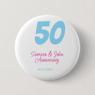 Badge Rond 5 Cm 50e anniversaire gras bleu rose nom date élégant