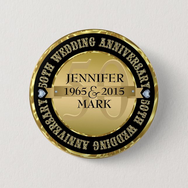 Badge Rond 5 Cm 50E Anniversaire Mariage Métallic Or & Noir 2 (Devant)