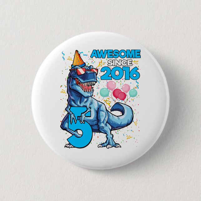 Badge Rond 5 Cm 5e anniversaire Dinosaur 5 ans Garçon Enfants Awes (Devant)