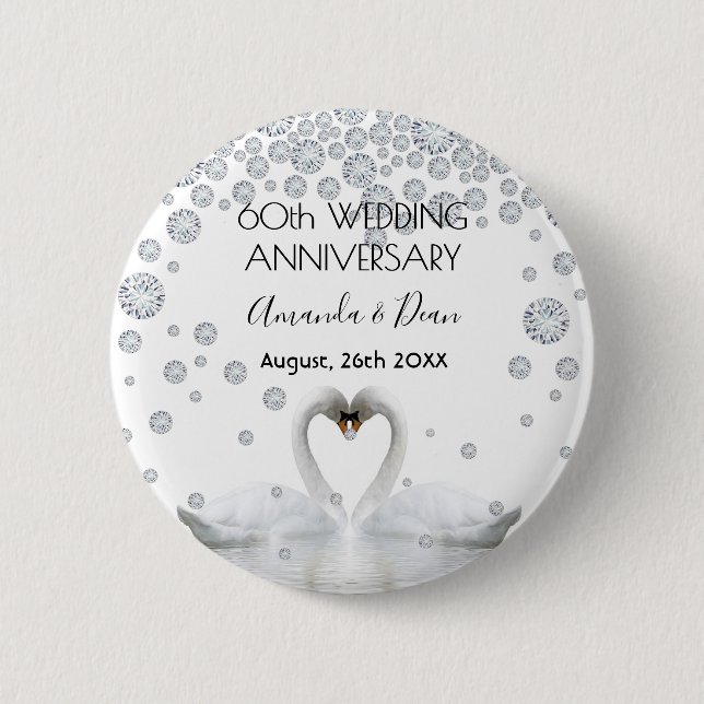 Badge Rond 5 Cm 60e anniversaire mariage cygnes blancs en amour (Devant)