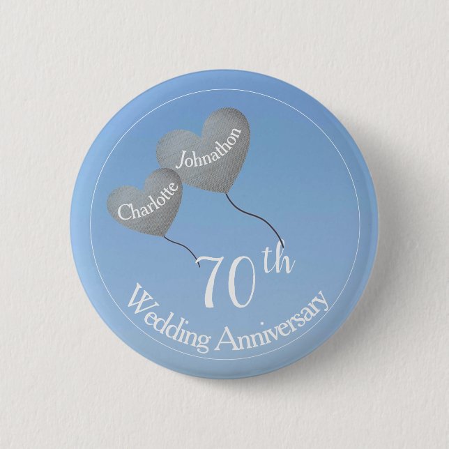 Badge Rond 5 Cm 70e anniversaire des ballons de coeur en platine (Devant)