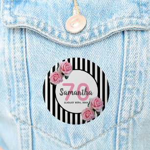Badge Rond 5 Cm 70e anniversaire rose roses noir blanc rayures