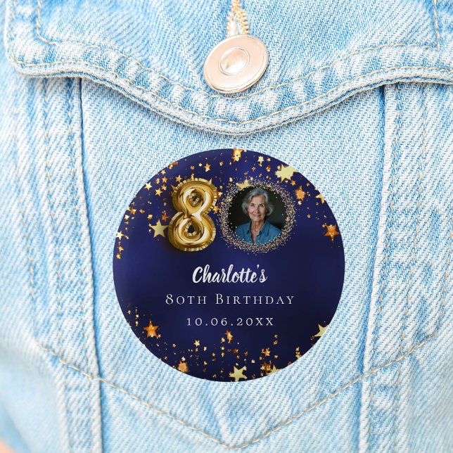 Badge Rond 5 Cm 80e anniversaire marine bleu or étoiles photo (Créateur téléchargé)