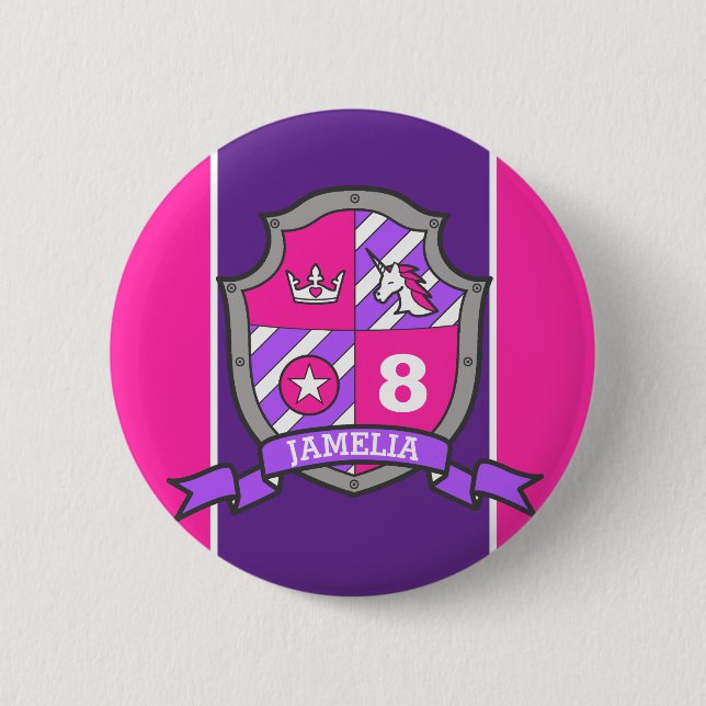 Badge Rond 5 Cm 8e anniversaire chevaliers roses violets princiers (Devant)