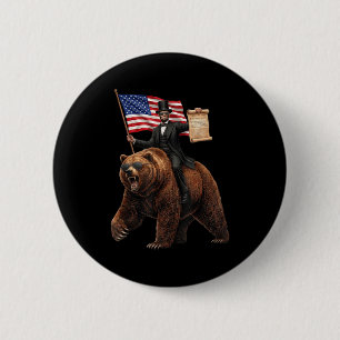Badge Rond 5 Cm Abe Lincoln chevauchant un ours avec déclaration d