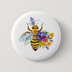 Badge Rond 5 Cm Abeille à fleurs avec plantes sauvages