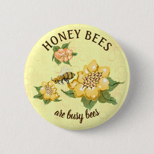 Badge Rond 5 Cm Abeille à miel Alvéoles Fleurs