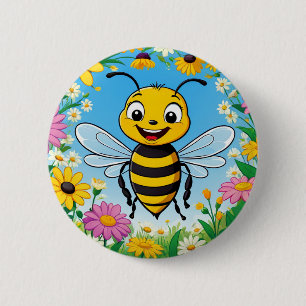 Badge Rond 5 Cm Abeille de dessin animé fleurs colorées