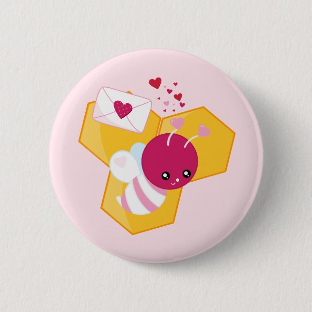 Badge Rond 5 Cm Abeille mignonne aux Coeurs de Saint-Valentin rose (Devant)